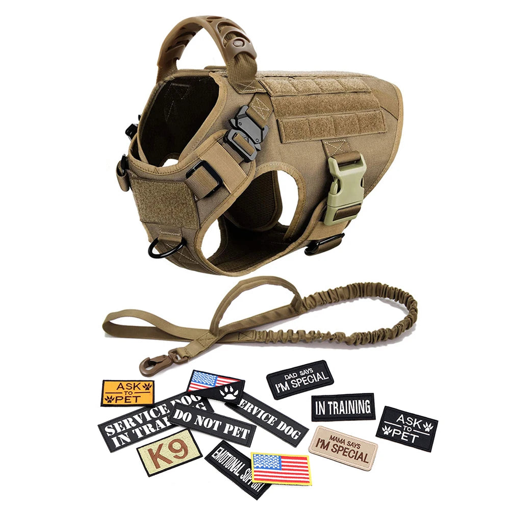 Tactical Dog Harness Set w/ Leash Collar Bags Patches for Large Dogs Training