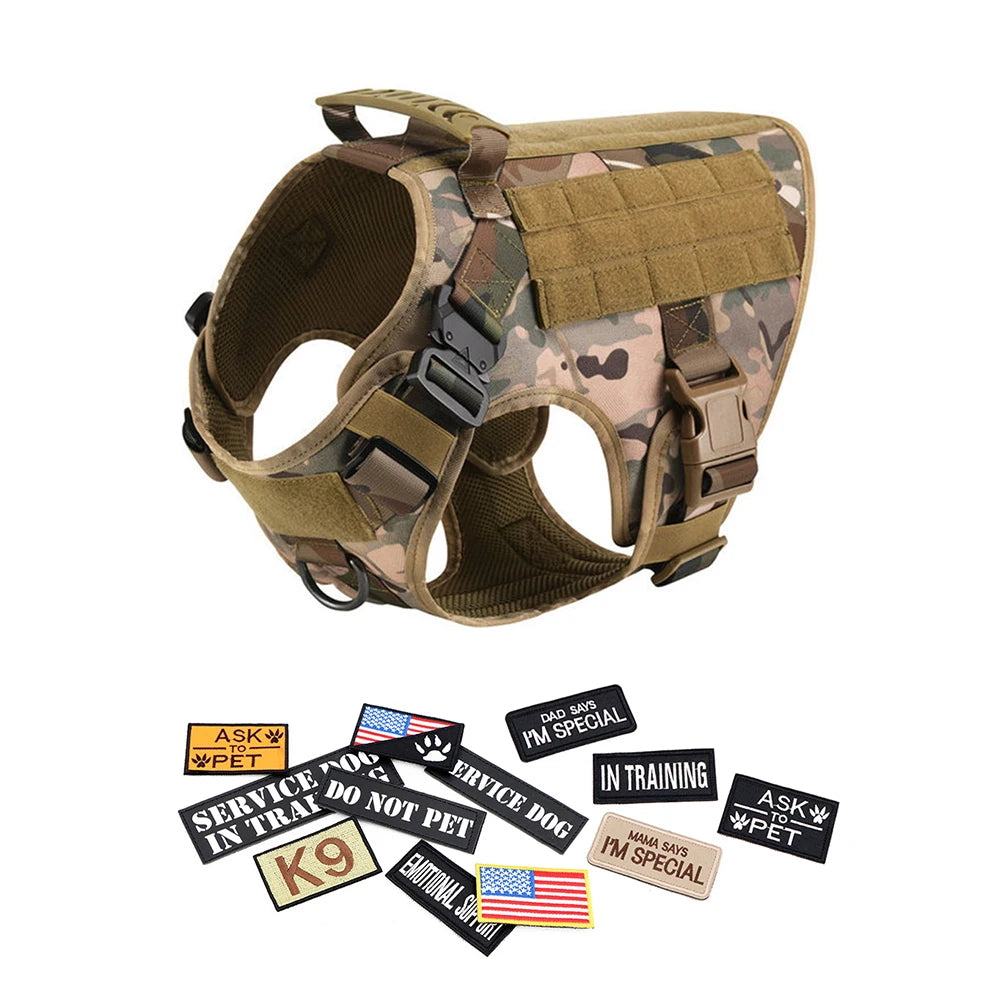 Tactical Dog Harness Set w/ Leash Collar Bags Patches for Large Dogs Training