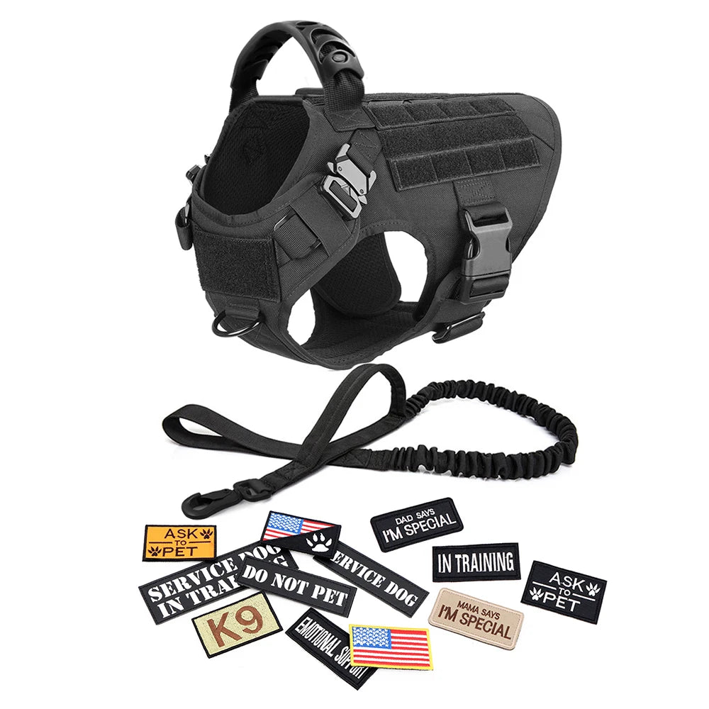 Tactical Dog Harness Set w/ Leash Collar Bags Patches for Large Dogs Training