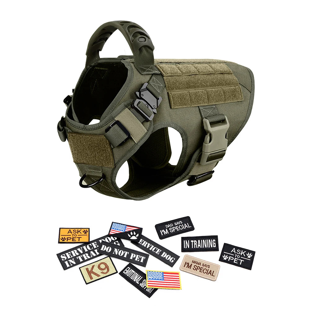 Tactical Dog Harness Set w/ Leash Collar Bags Patches for Large Dogs Training