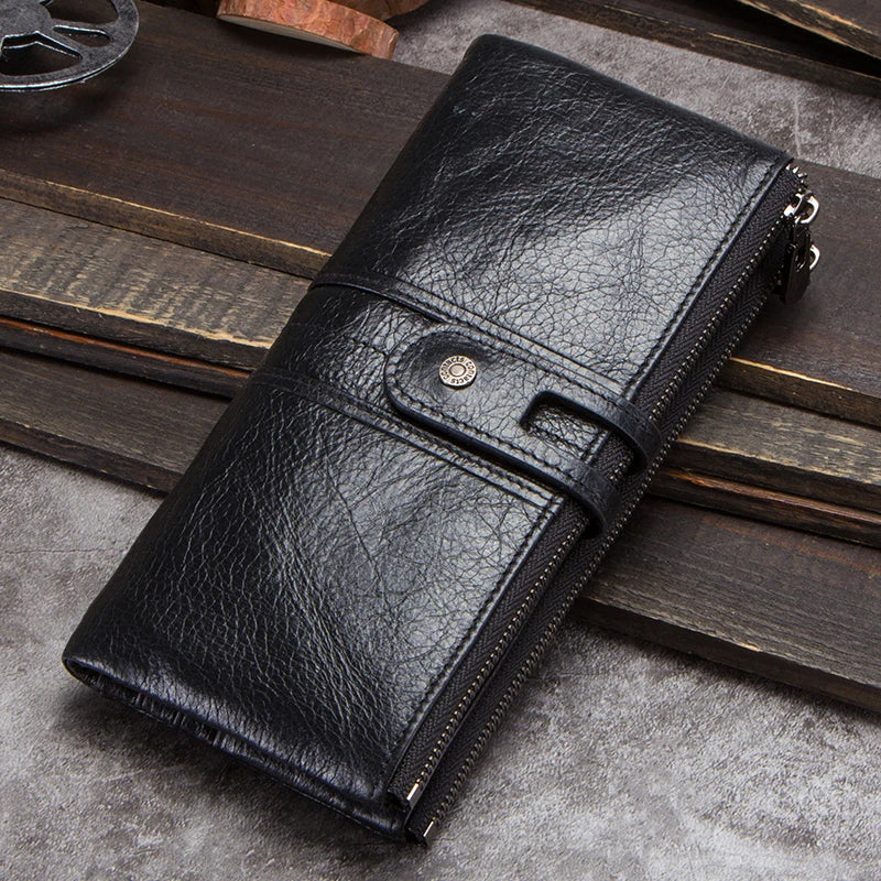 Men’s Genuine Leather Clutch Wallet Long Zipper Coin Purse & Card Holder