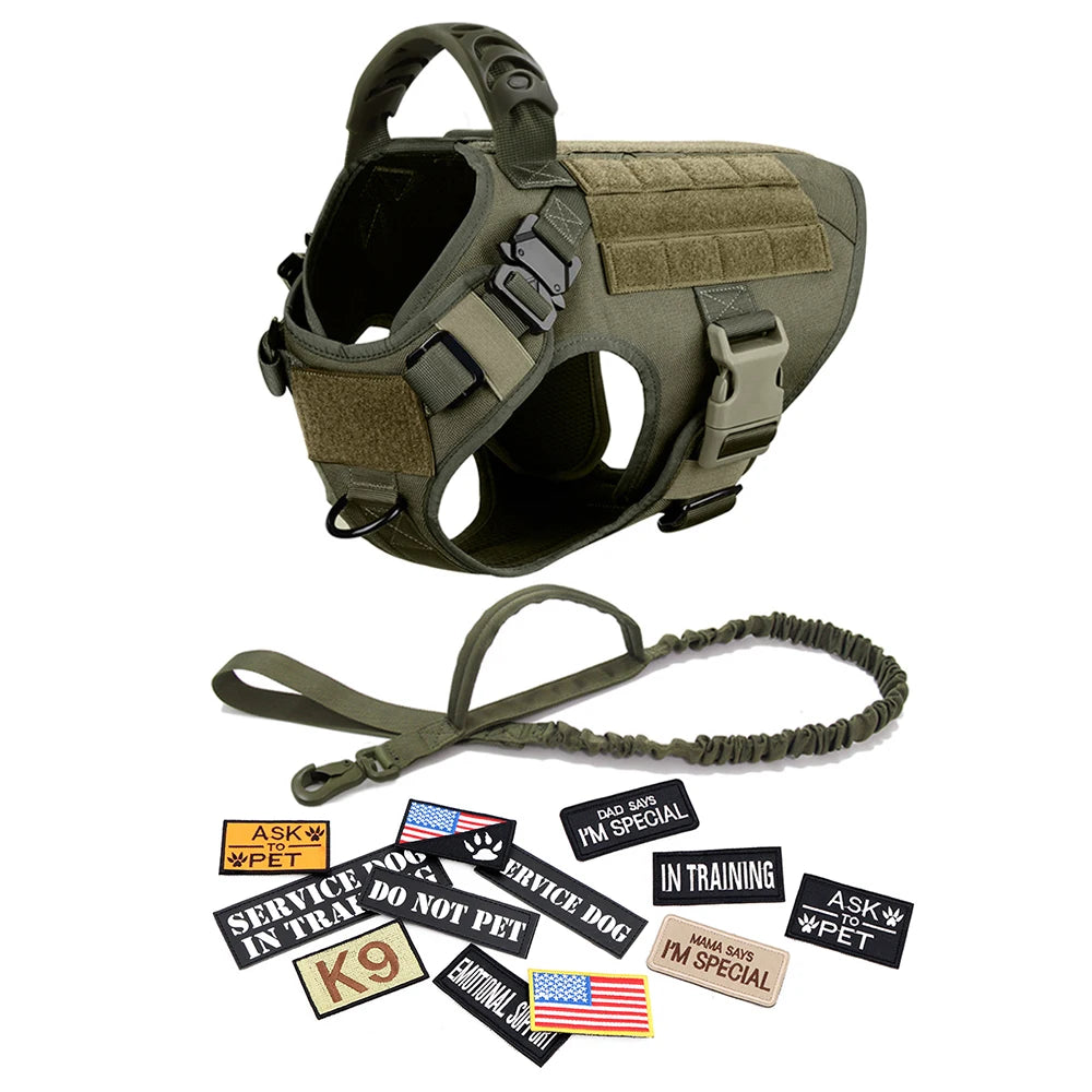 Tactical Dog Harness Set w/ Leash Collar Bags Patches for Large Dogs Training