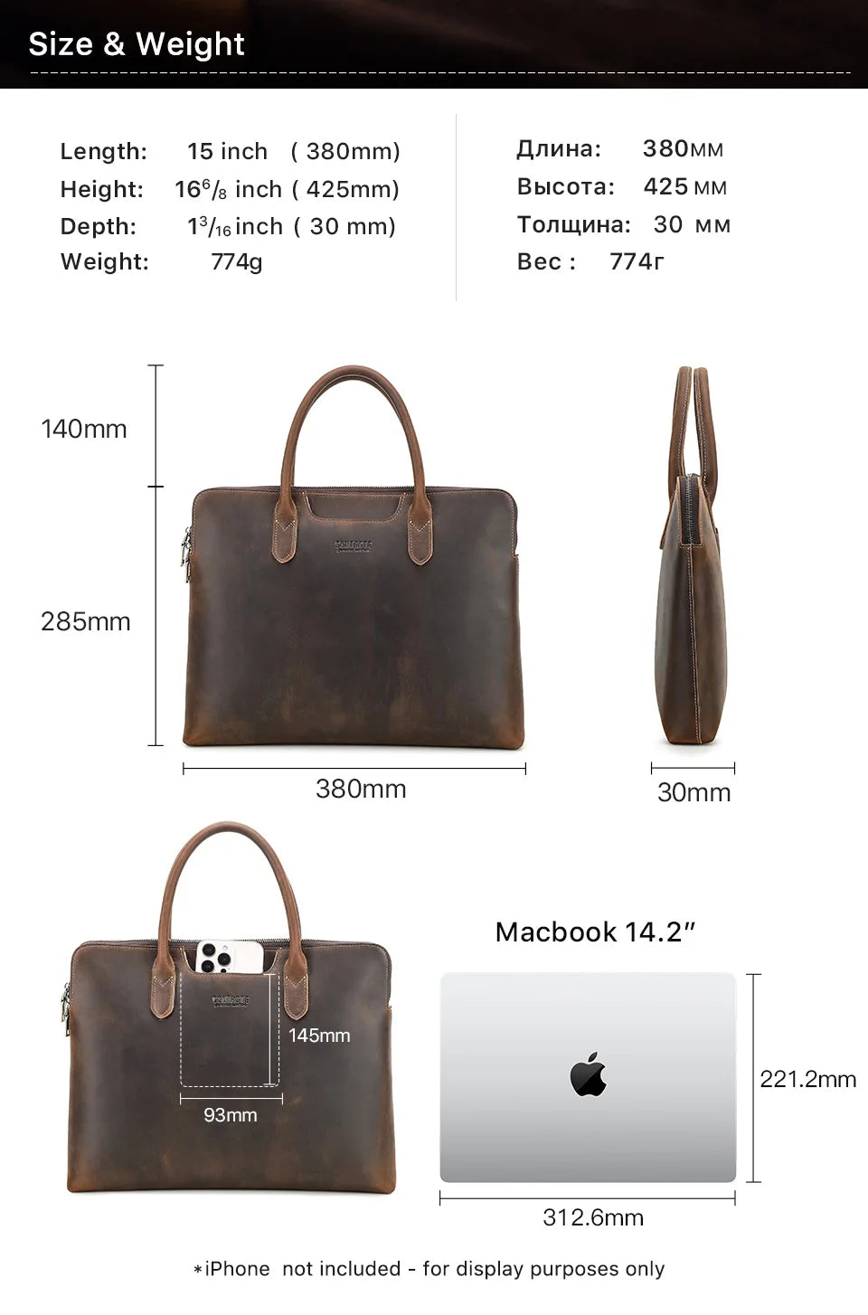 Genuine Leather Business Briefcase for Men – 14" Laptop Tote Bag