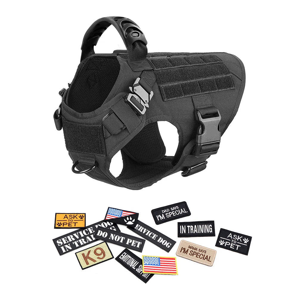Tactical Dog Harness Set w/ Leash Collar Bags Patches for Large Dogs Training