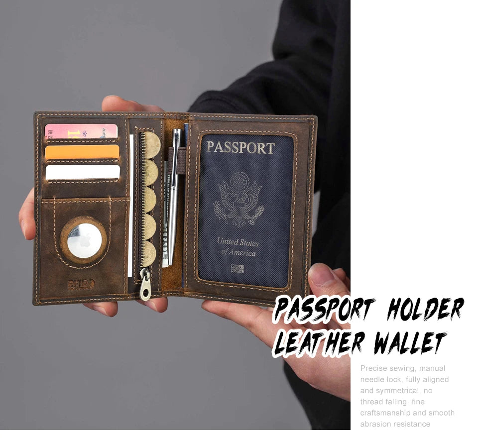 Genuine Leather Passport Wallet AirTag Slot Travel Card Holder for Men Women