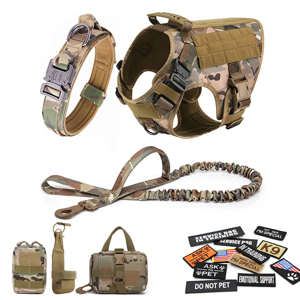 Tactical Dog Harness Set w/ Leash Collar Bags Patches for Large Dogs Training