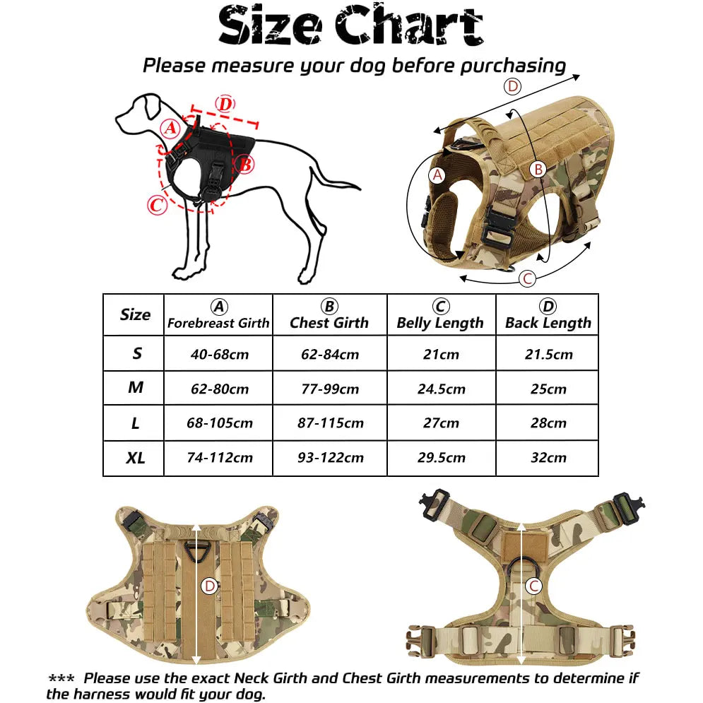 Tactical Dog Harness Set w/ Leash Collar Bags Patches for Large Dogs Training