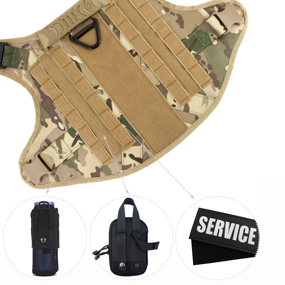 Tactical Dog Harness Set w/ Leash Collar Bags Patches for Large Dogs Training
