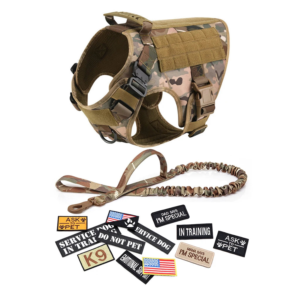 Tactical Dog Harness Set w/ Leash Collar Bags Patches for Large Dogs Training