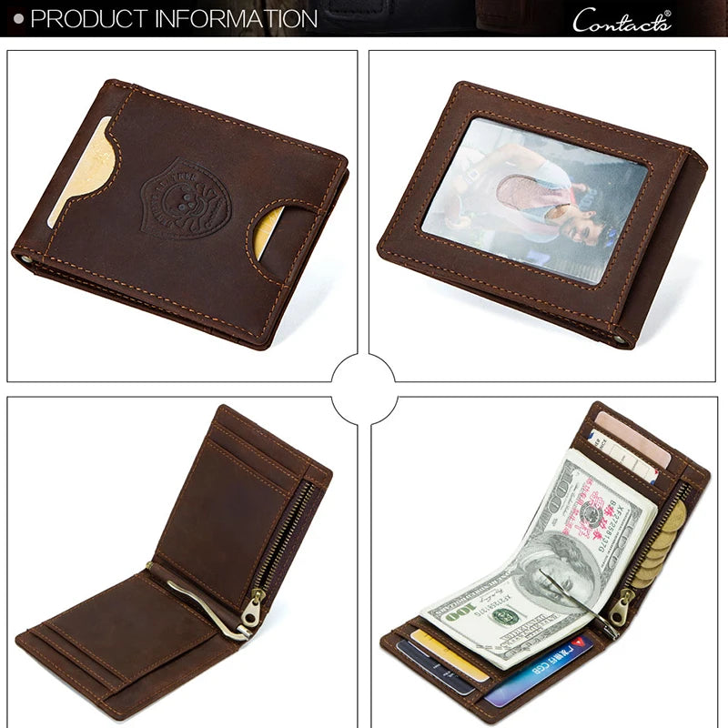 Slim RFID Genuine Leather Bifold Wallet with Money Clip - Men’s Card Holder