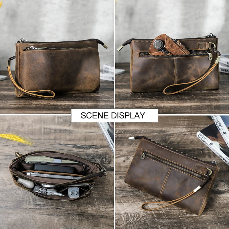 Genuine Leather Men Clutch Bag Long Wallet Travel Handbag Storage Organizer