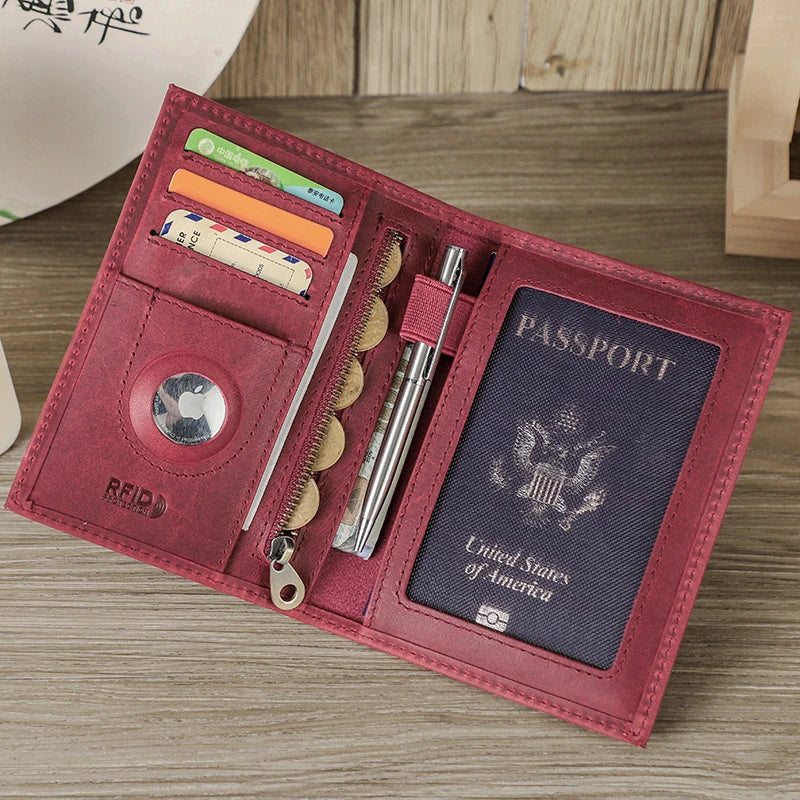 Genuine Leather Passport Wallet AirTag Slot Travel Card Holder for Men Women