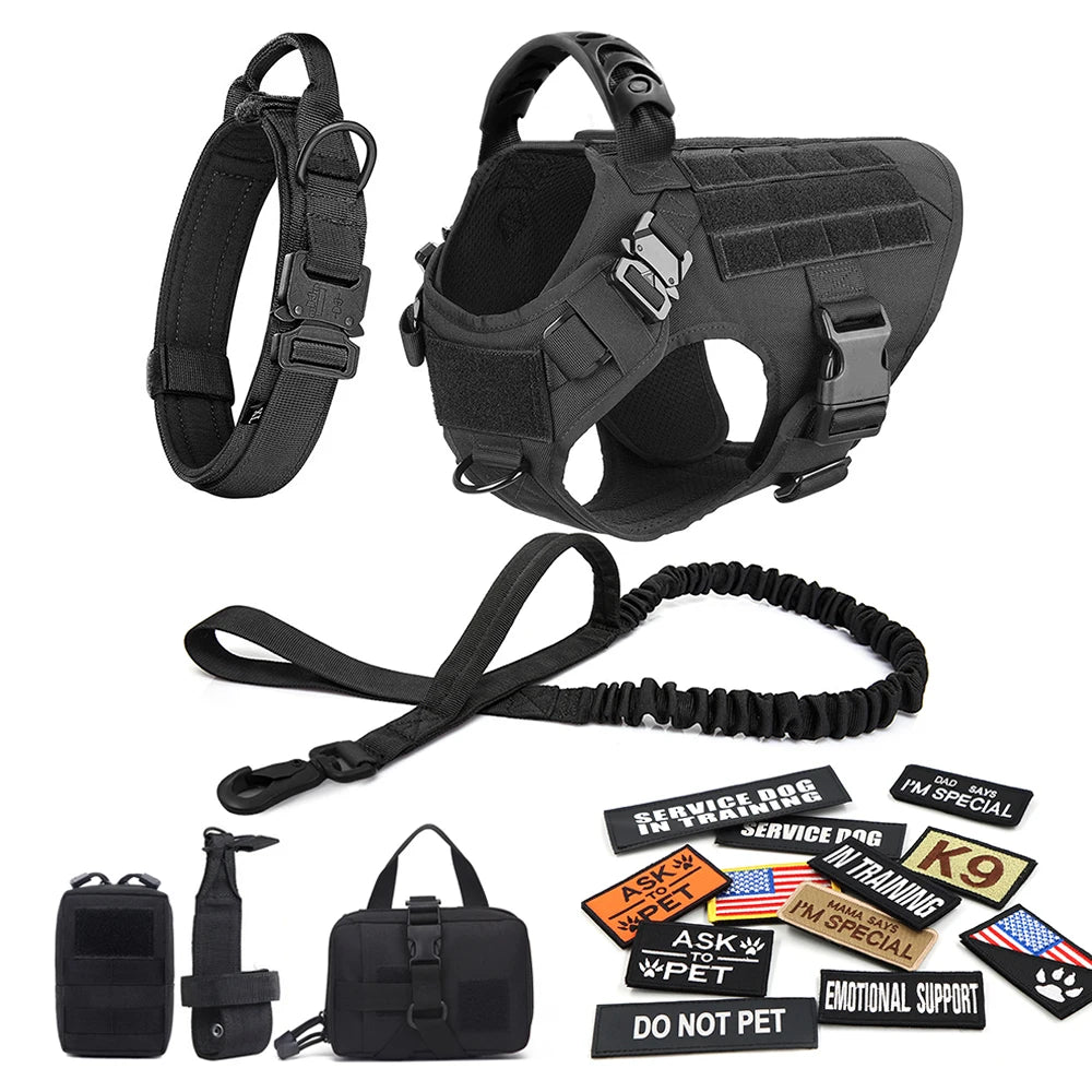 Tactical Dog Harness Set w/ Leash Collar Bags Patches for Large Dogs Training