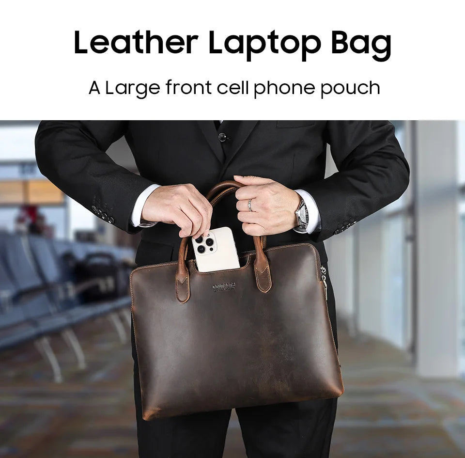 Genuine Leather Business Briefcase for Men – 14" Laptop Tote Bag