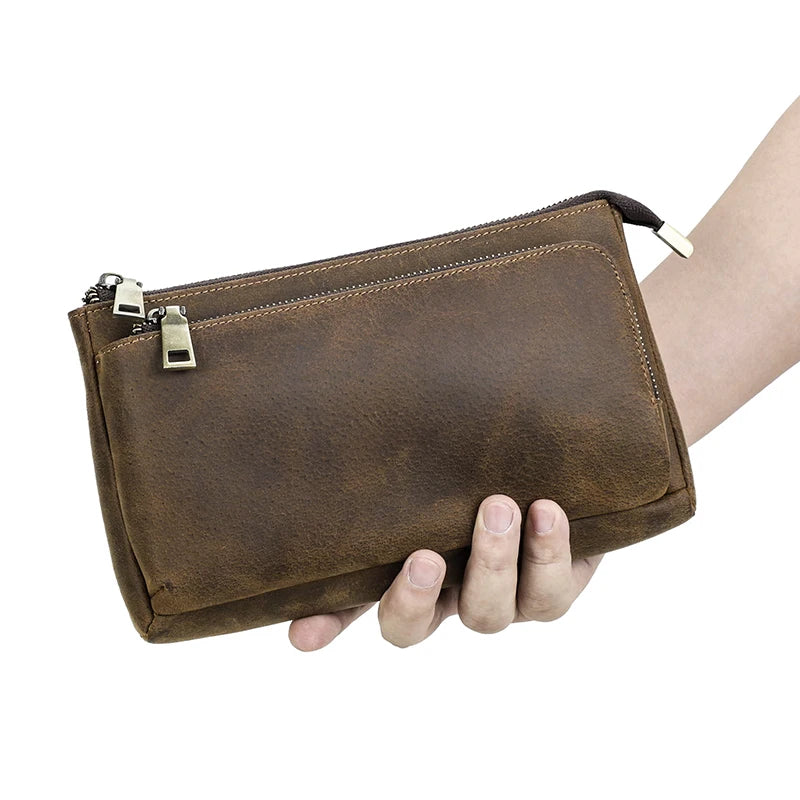 Genuine Leather Men Clutch Bag Long Wallet Travel Handbag Storage Organizer