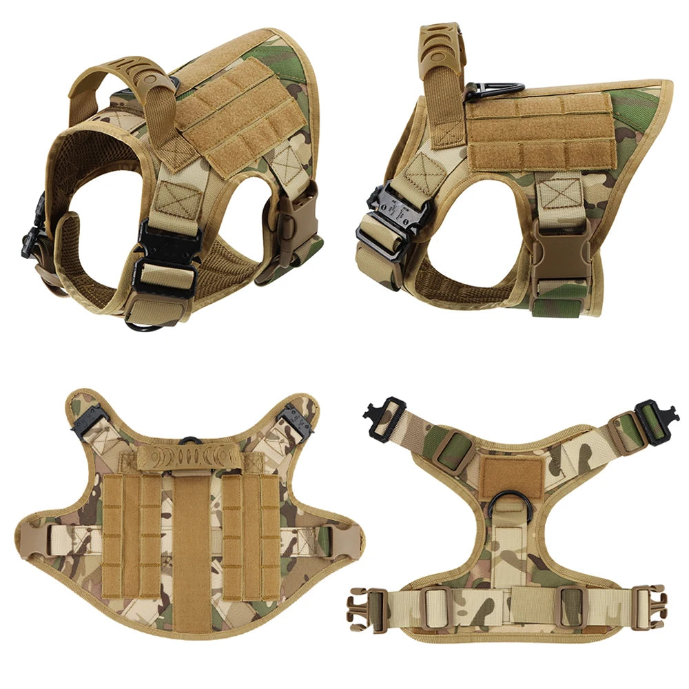 Tactical Dog Harness Set w/ Leash Collar Bags Patches for Large Dogs Training