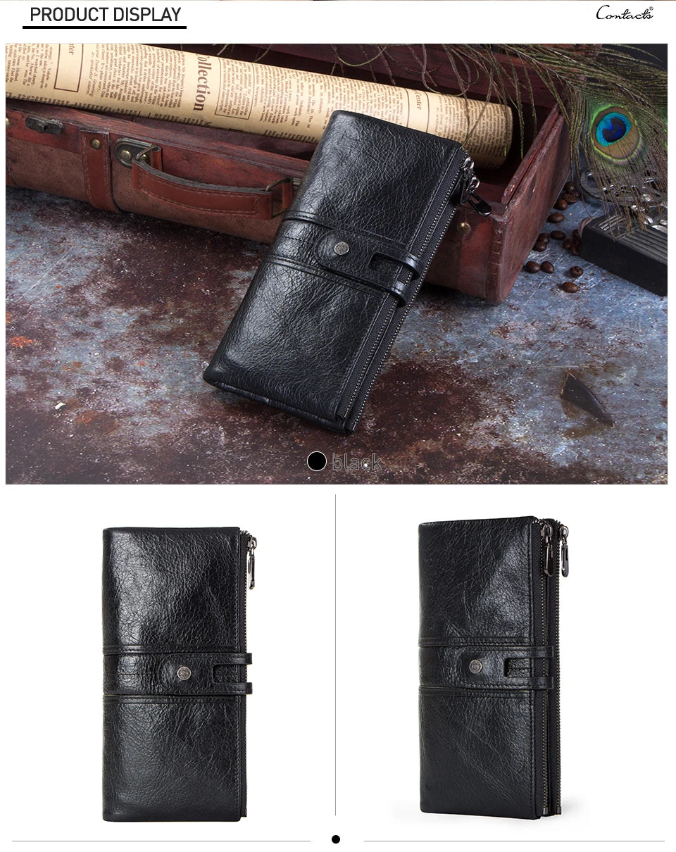 Men’s Genuine Leather Clutch Wallet Long Zipper Coin Purse & Card Holder