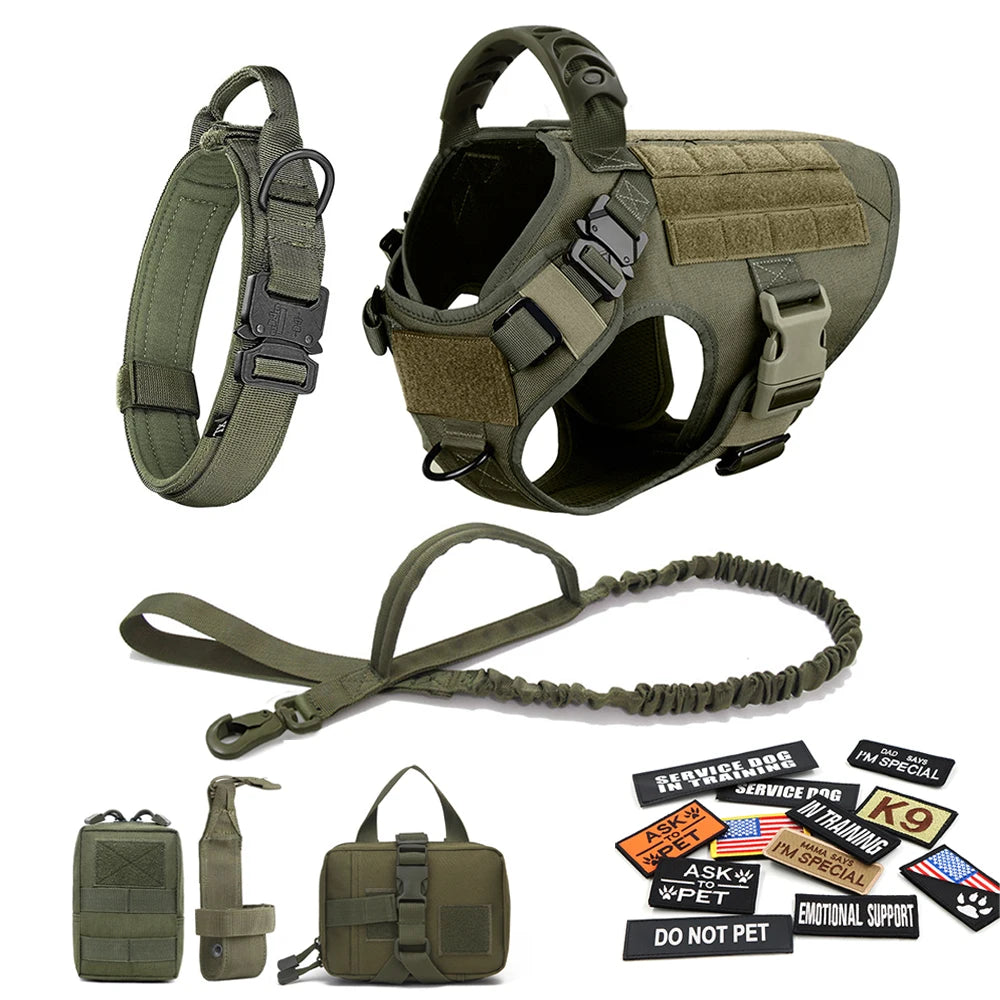 Tactical Dog Harness Set w/ Leash Collar Bags Patches for Large Dogs Training