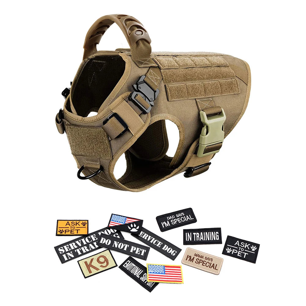 Tactical Dog Harness Set w/ Leash Collar Bags Patches for Large Dogs Training