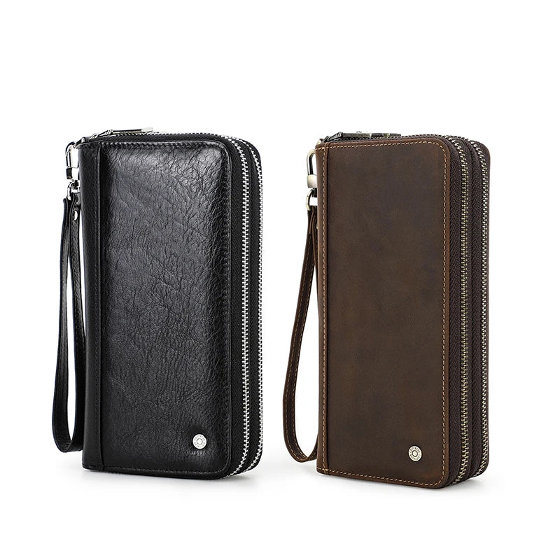 Genuine Leather Men's Long Wallet Clutch with Double Zipper & Card Slots