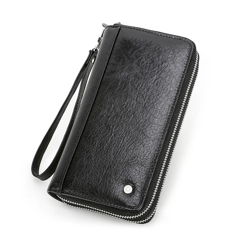 Genuine Leather Men's Long Wallet Clutch with Double Zipper & Card Slots