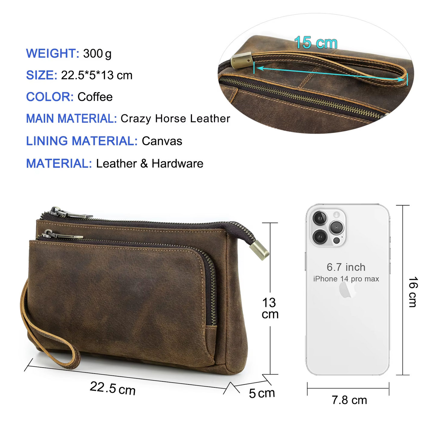 Genuine Leather Men Clutch Bag Long Wallet Travel Handbag Storage Organizer
