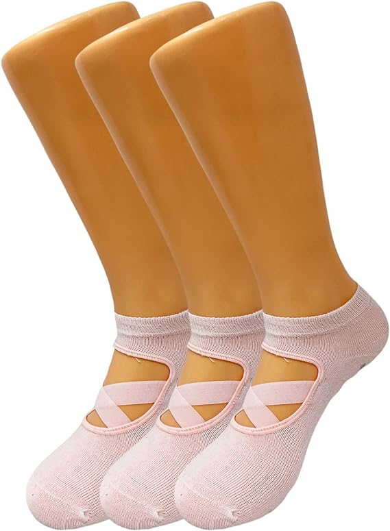 3 Pairs Women’s Grip Yoga Socks with Straps Non Slip for Pilates Barre Size 5-7