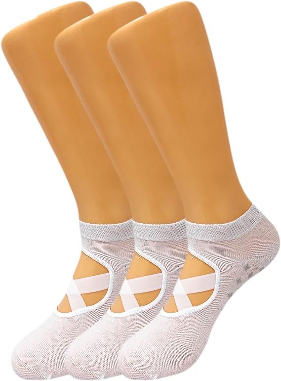3 Pairs Women’s Grip Yoga Socks with Straps Non Slip for Pilates Barre Size 5-7