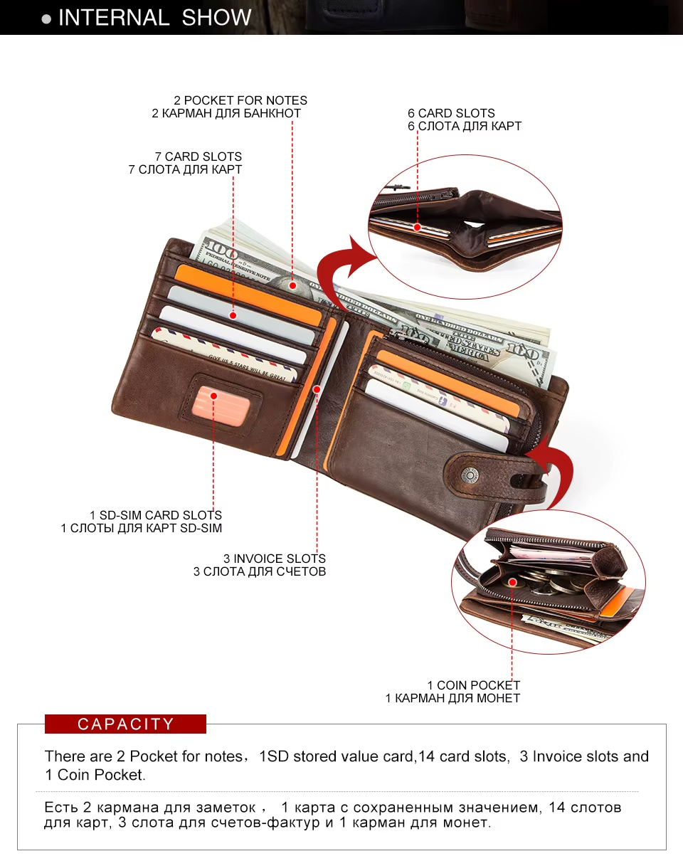 Genuine Leather Men Wallet RFID Blocking Short Coin Purse with Card Slots