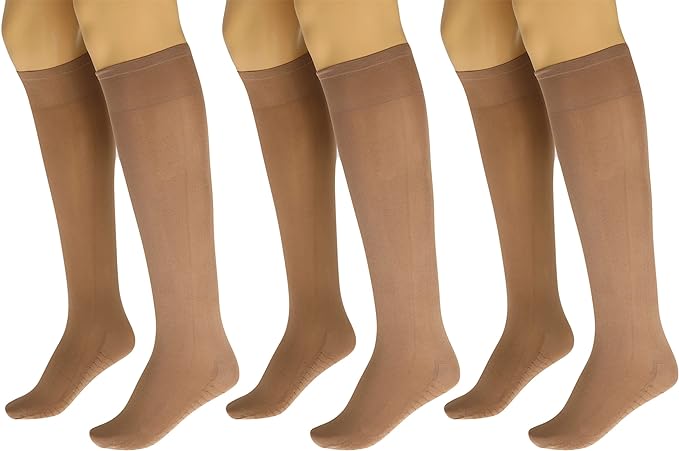 3 Pairs Women’s Sheer Knee High Stockings 70 Denier Massage Sole Reinforced Toe