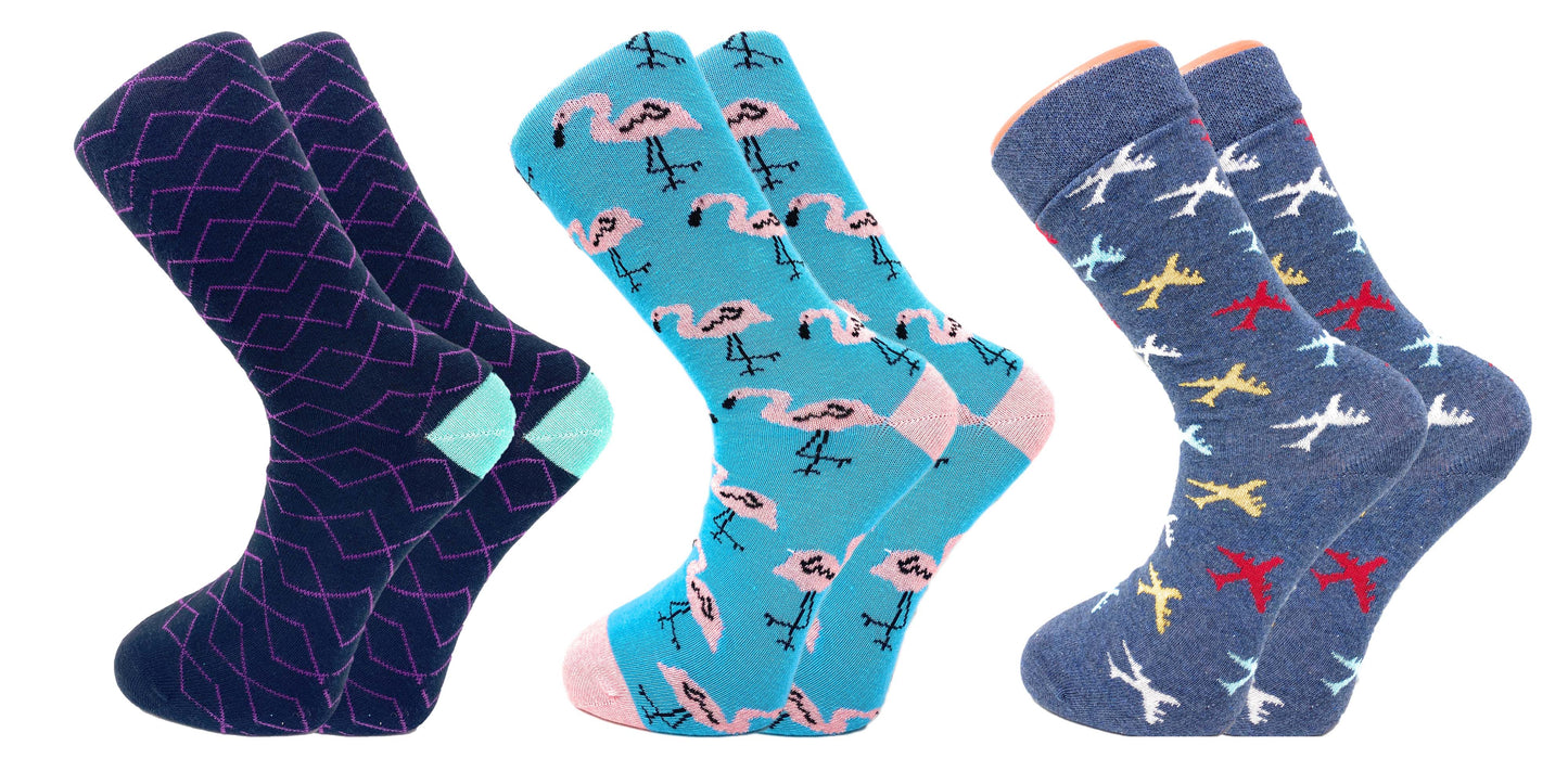 3 Pairs Crazy Pattern Crew Socks Men Women – Colorful Cotton Fun Novelty Gift