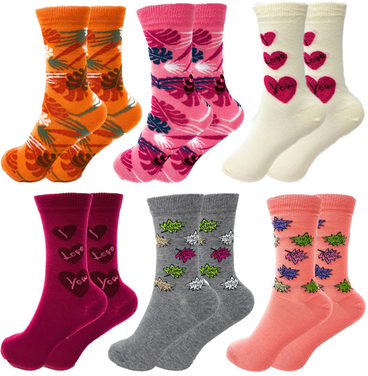Women's colorful combed cotton crew socks, 6 pack, design 1
