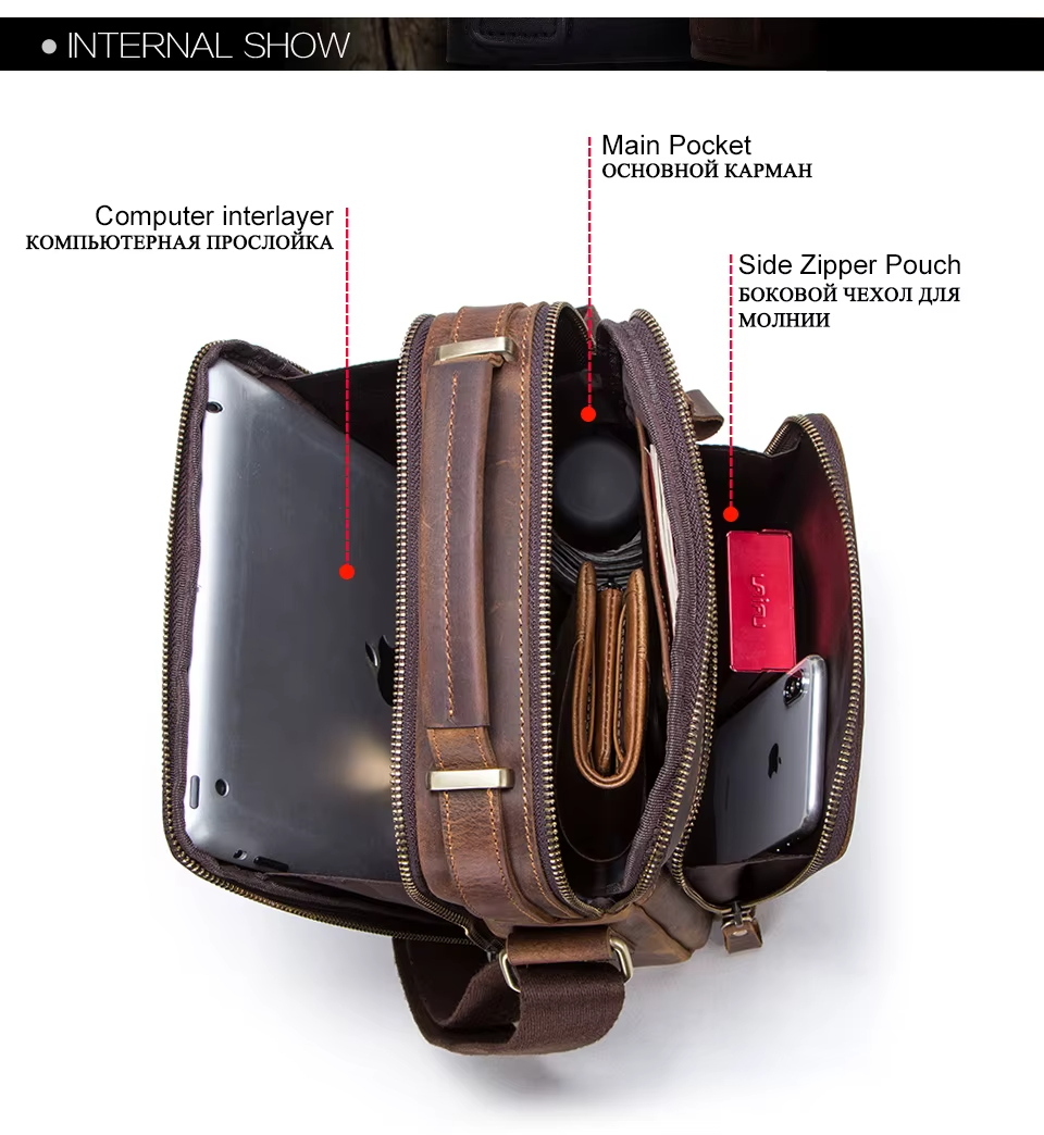Genuine Leather Men Shoulder Bag Vintage Messenger Crossbody Sling Handbag