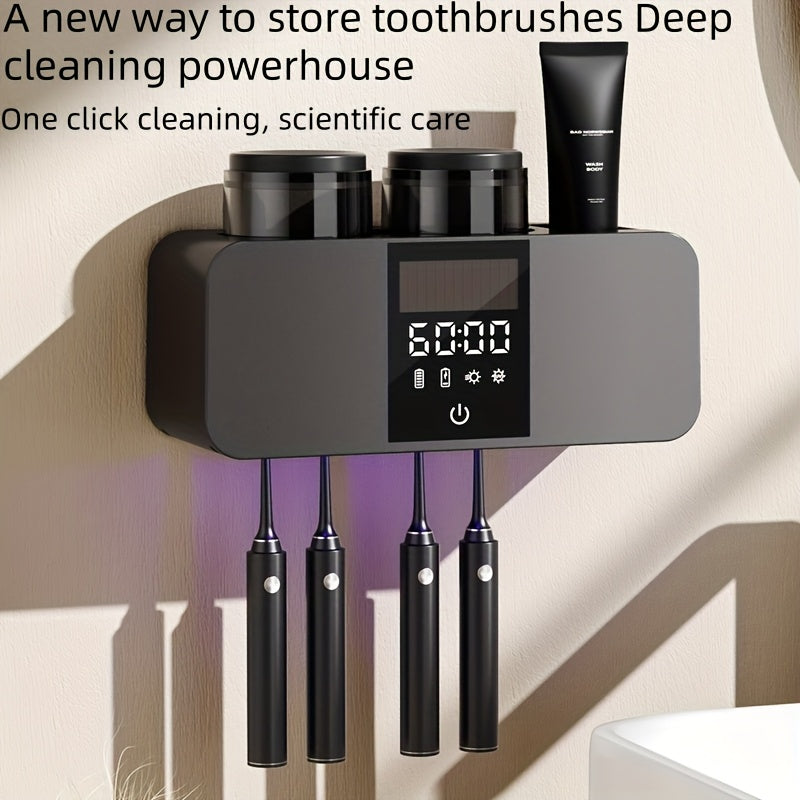 Smart Toothbrush Holder UV Sterilizer Wall Mount USB Charging 4 Brush Slots 2 Cups