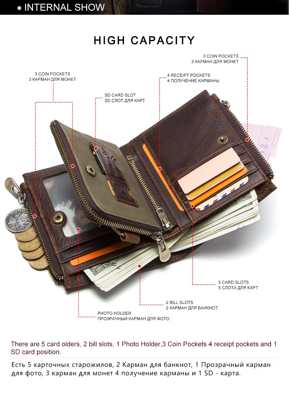 Men's Genuine Leather Wallet - RFID Blocking, Zipper Coin Purse, Large Capacity