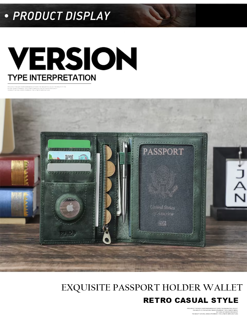 Genuine Leather Passport Wallet AirTag Slot Travel Card Holder for Men Women