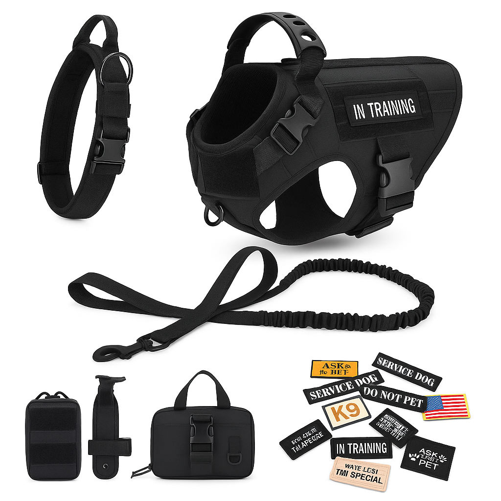 Tactical Dog Harness Set w/ Leash Collar Bags Patches for Large Dogs Training