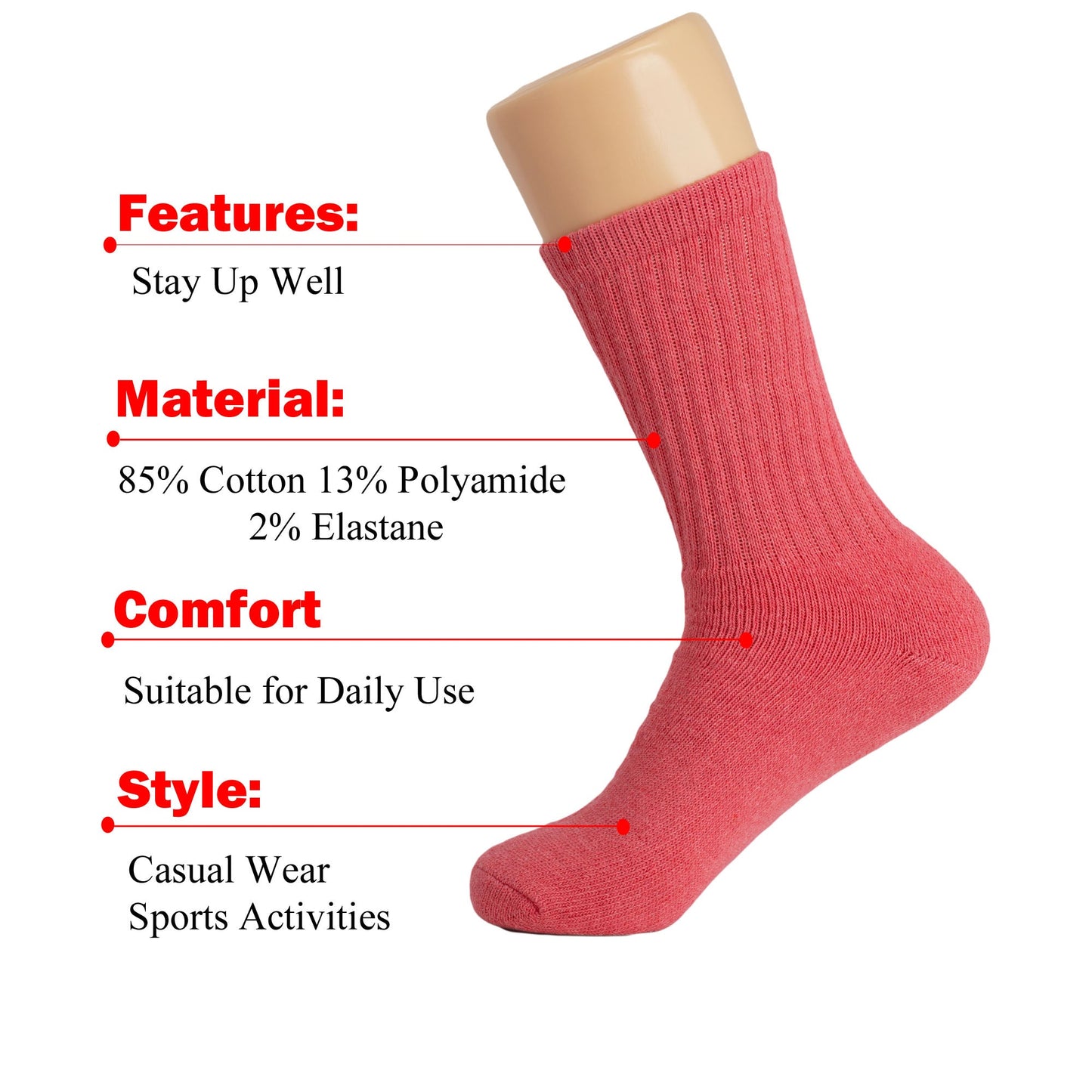 Womens Rose Red Cotton Crew Socks 3 Pack Size 5-10 Soft Breathable Cushioned Fit