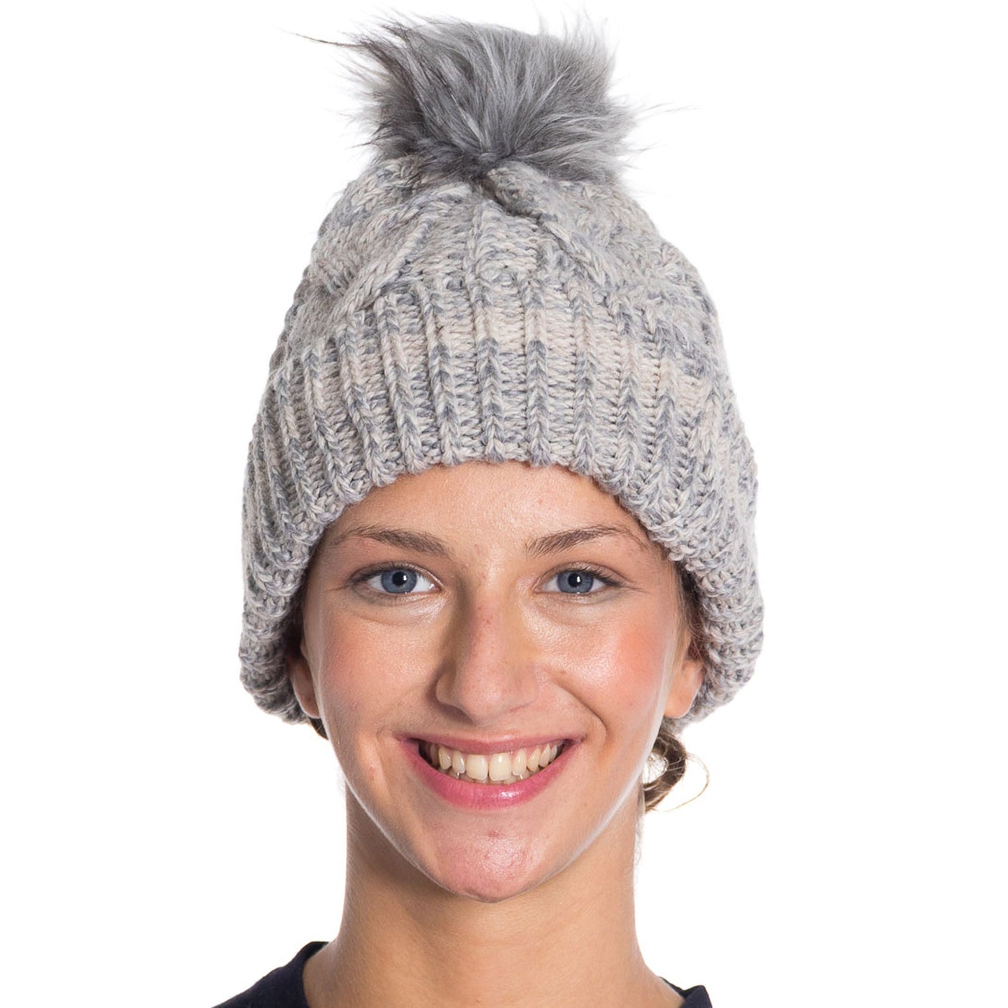 Women's Winter Knit Slouch Beanie Hat with Faux Fur Pom Warm Soft Stretch One Size