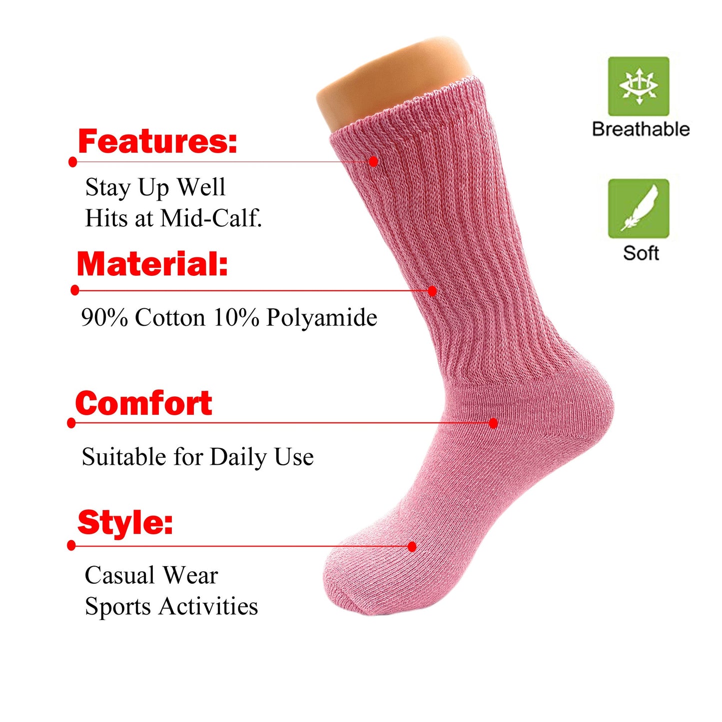 Women’s Pink Mid-Calf Cotton Crew Socks 3 Pack Cushioned Athletic Fit Size 5-10