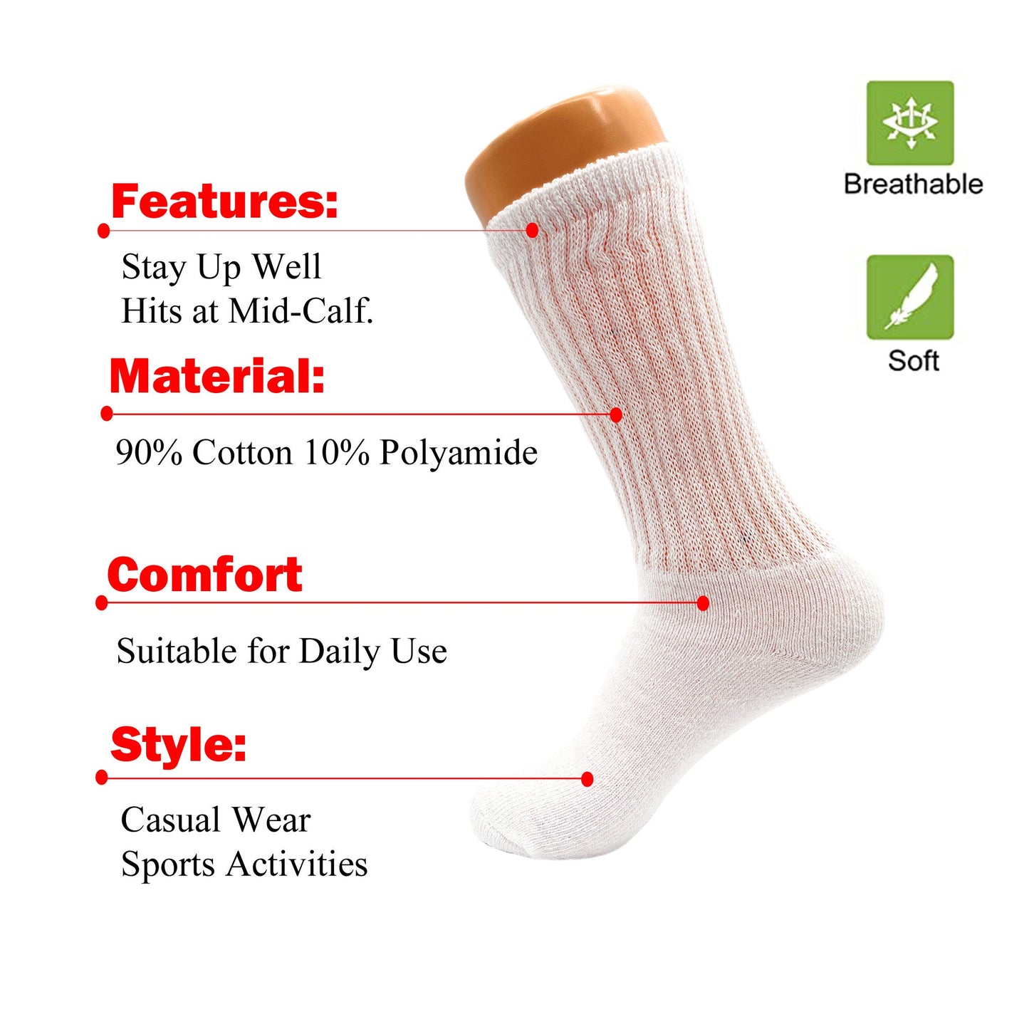 Women’s White Mid-Calf Cotton Crew Socks 3 Pack Cushioned Athletic Size 5-10