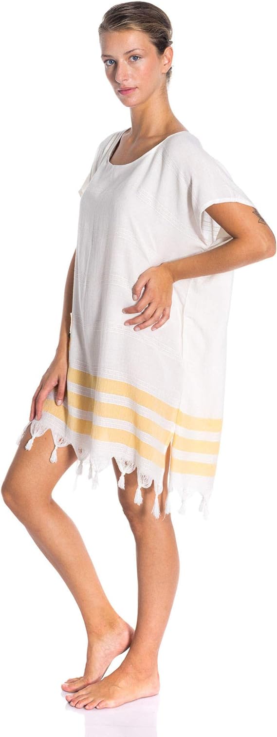 Soft Turkish Cotton Beach Cover Up Dress Women Short Sleeve Fringe Hem