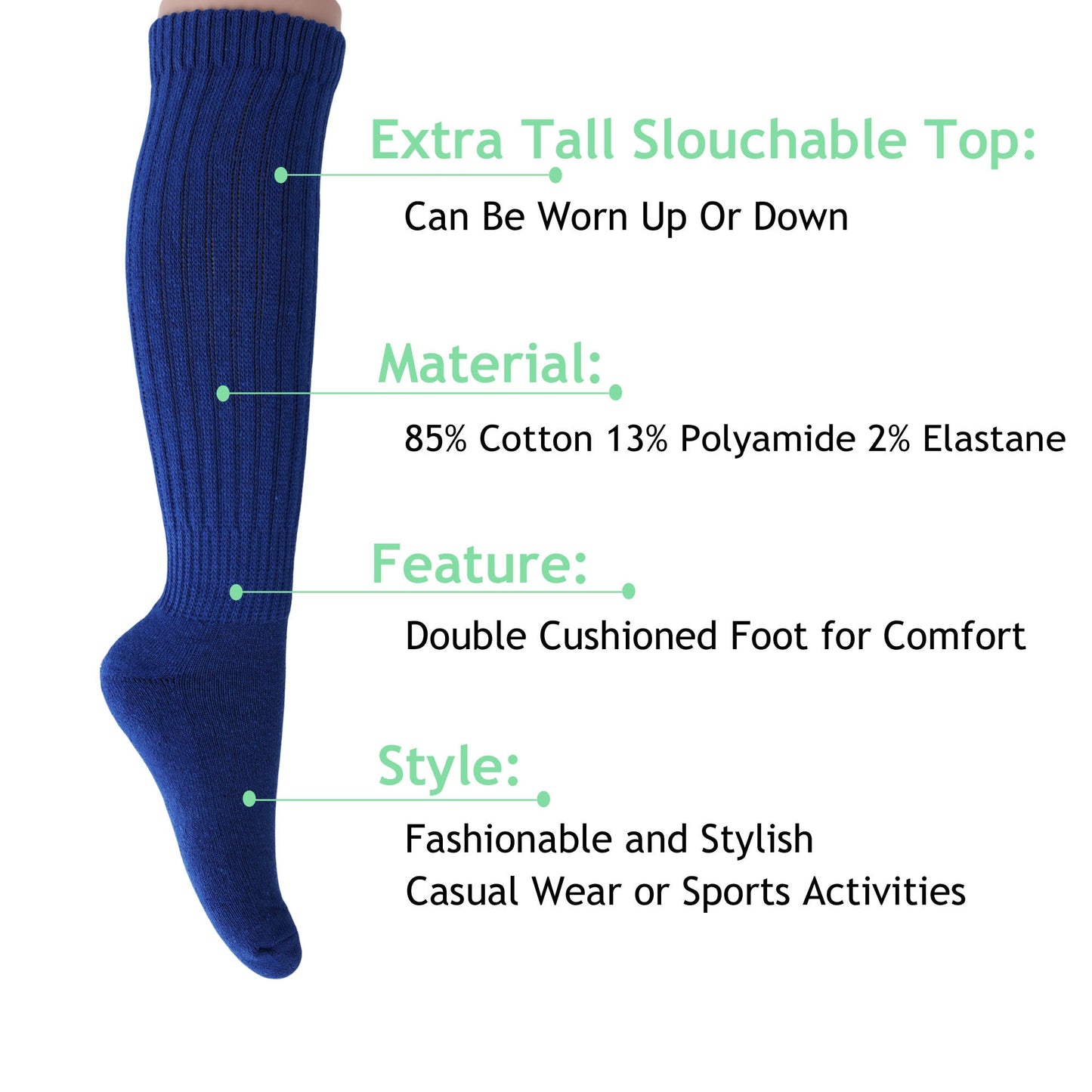 Navy Slouch Socks for Women 1 to 6 Pairs Cotton Blend Retro Style Fits Size 5-10