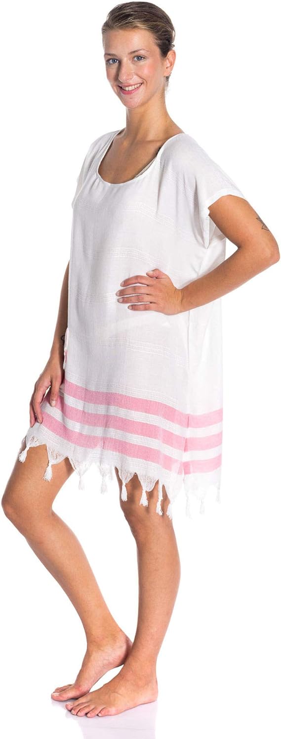 Soft Turkish Cotton Beach Cover Up Dress Women Short Sleeve Fringe Hem