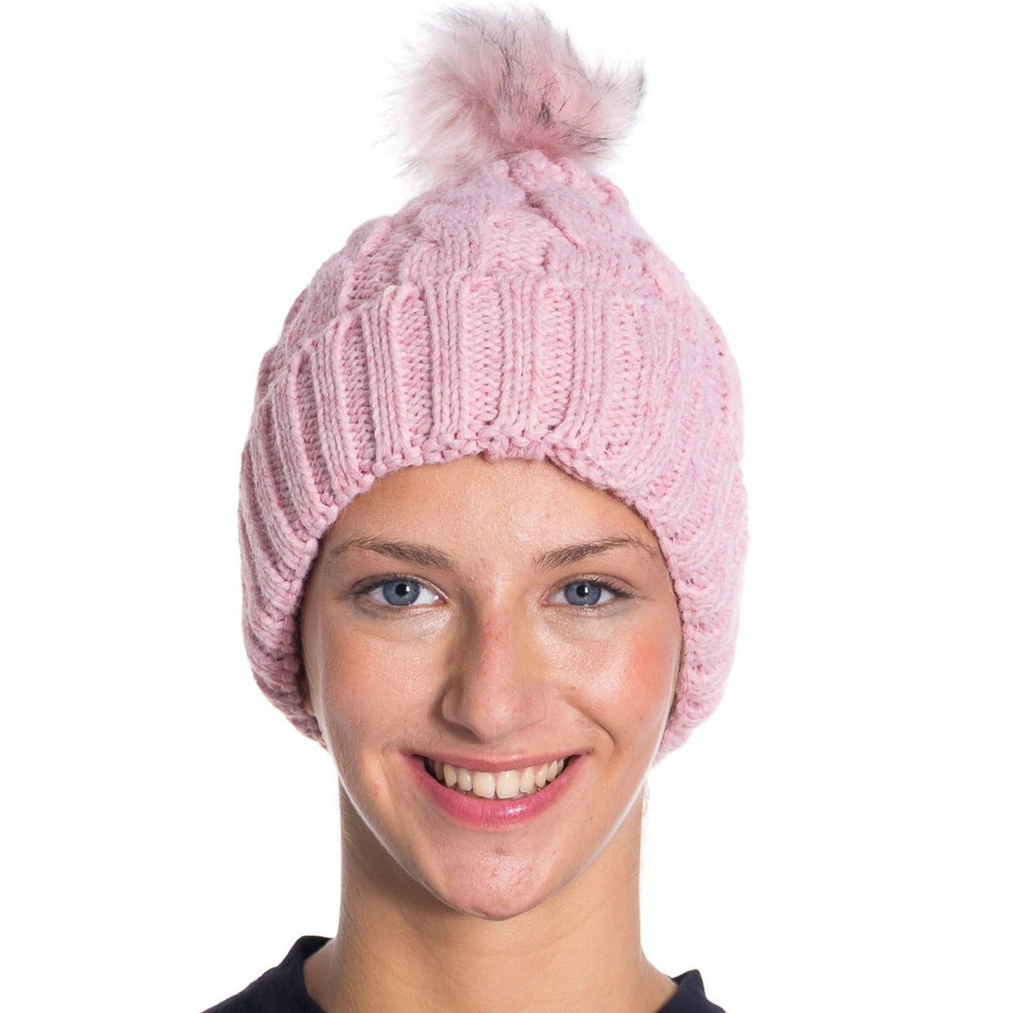 Women's Winter Knit Slouch Beanie Hat with Faux Fur Pom Warm Soft Stretch One Size