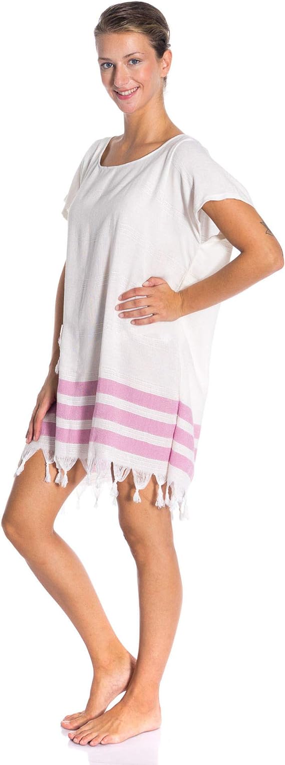 Soft Turkish Cotton Beach Cover Up Dress Women Short Sleeve Fringe Hem