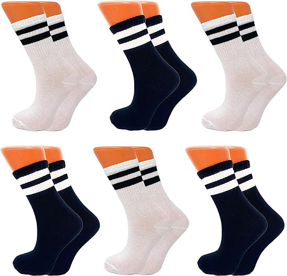Womens Cotton Crew Socks 6 Pairs Lightweight Breathable Athletic Striped Design