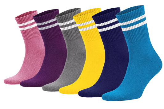 Women's cotton athletic crew socks with 2-stripe design, 6 pack, style 2