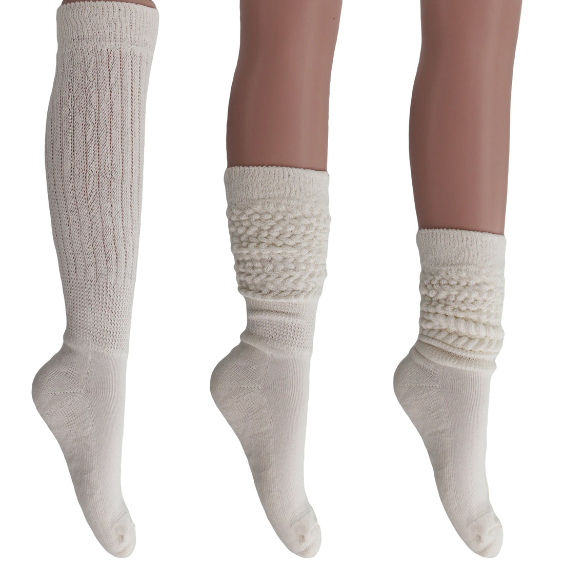 Women's extra-long cotton slouch socks in ivory, scrunched at the ankle