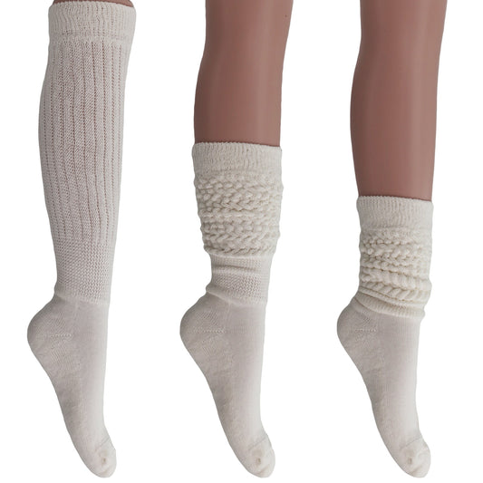 Women's extra-long cotton slouch socks in ivory, scrunched at the ankle